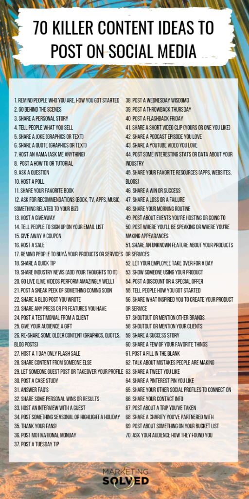 70 Killer Social Media Content Ideas, if you're not sure what to post on social media? You'll LOVE this list. Never run out of ideas to post on social media, again! // Social Media Content // Social Media Tips