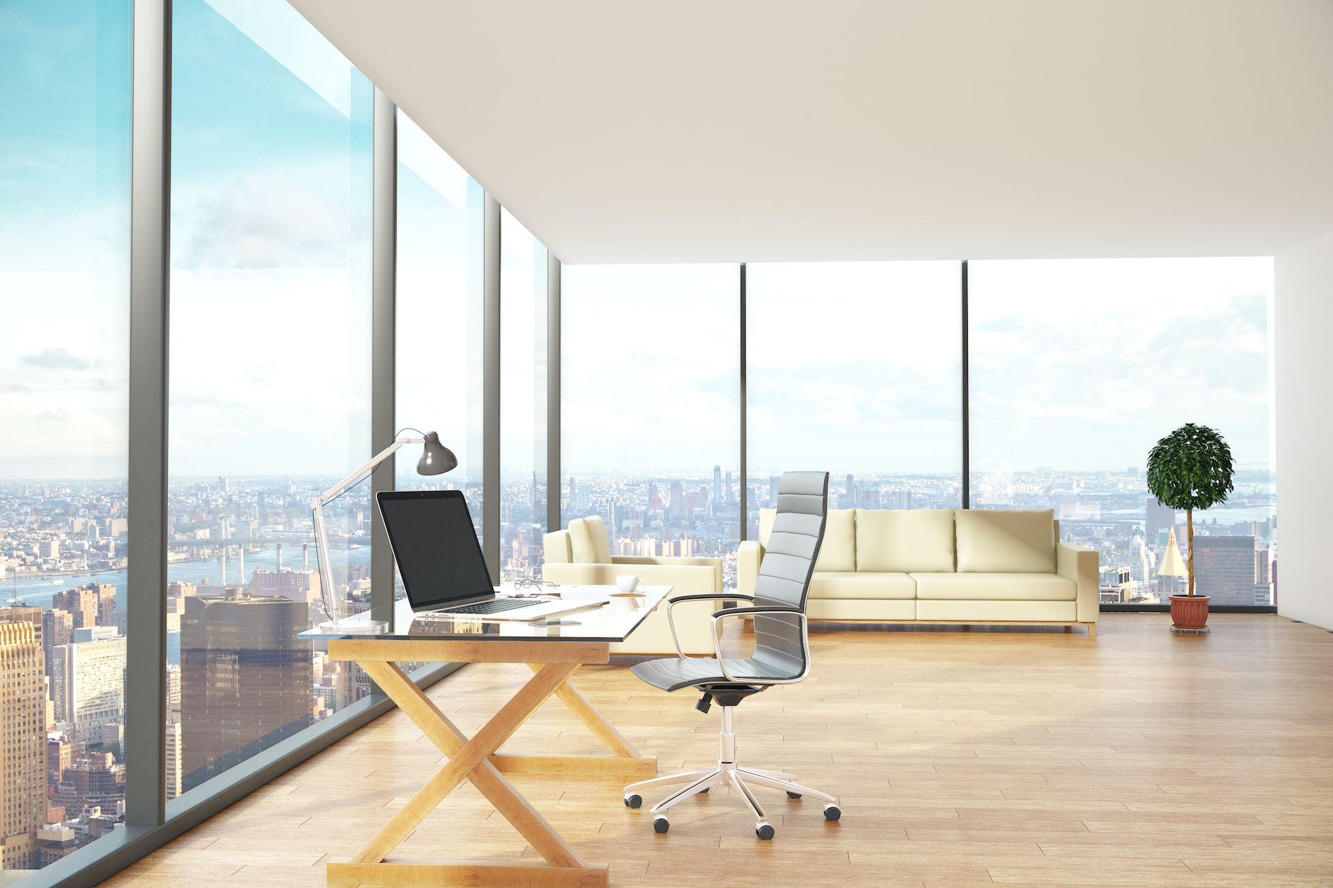Contemporary office interior with workplace, lounge area and city view. Side view, 3D Rendering
